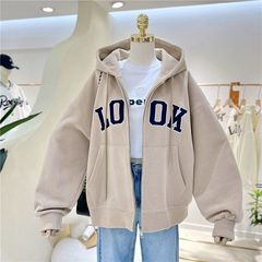 春秋冬新款印花宽松拉链连帽卫衣韩版学生版百搭慵懒风开衫外套女