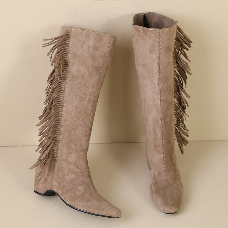 Retro-style fringed women's riding boots, 2026 new model, over-the-knee long boots with internal height increase, suede western cowboy boots Retro-style fringed women's riding boots, 2026 new model, over-the-knee long boots with internal height increase, suede western cowboy boots