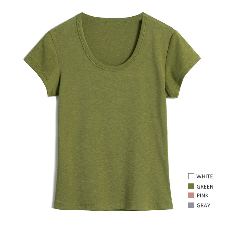 47% Lenzing Tencel Modal 47% Cotton·Pine Bud Green·U-Neck Soft Right Shoulder Slim Short-Sleeved Stretch t Summer