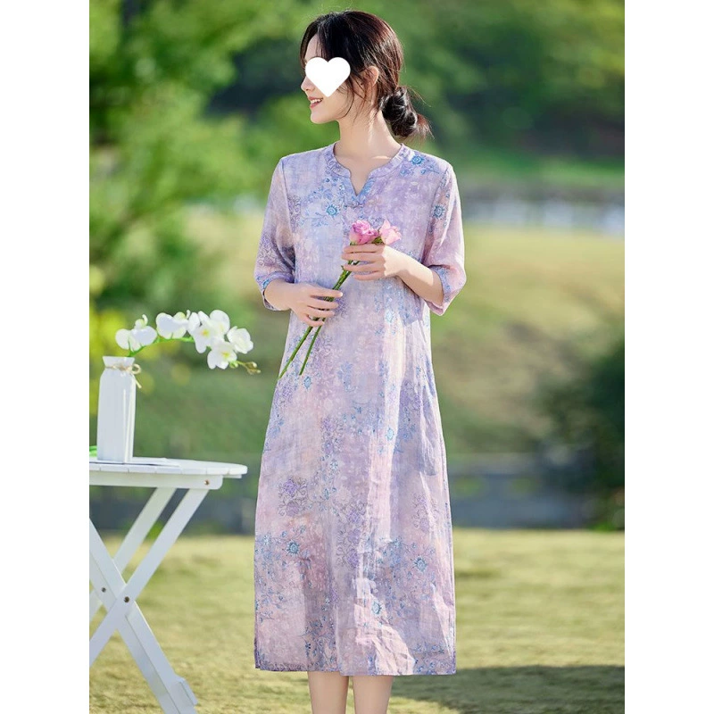 Литературное ретро, ​​элегантное, модное и универсальное, уменьшающее возраст платье средней длины из рами, элегантное, утягивающее, закрывающее живот, нежная длинная юбка.