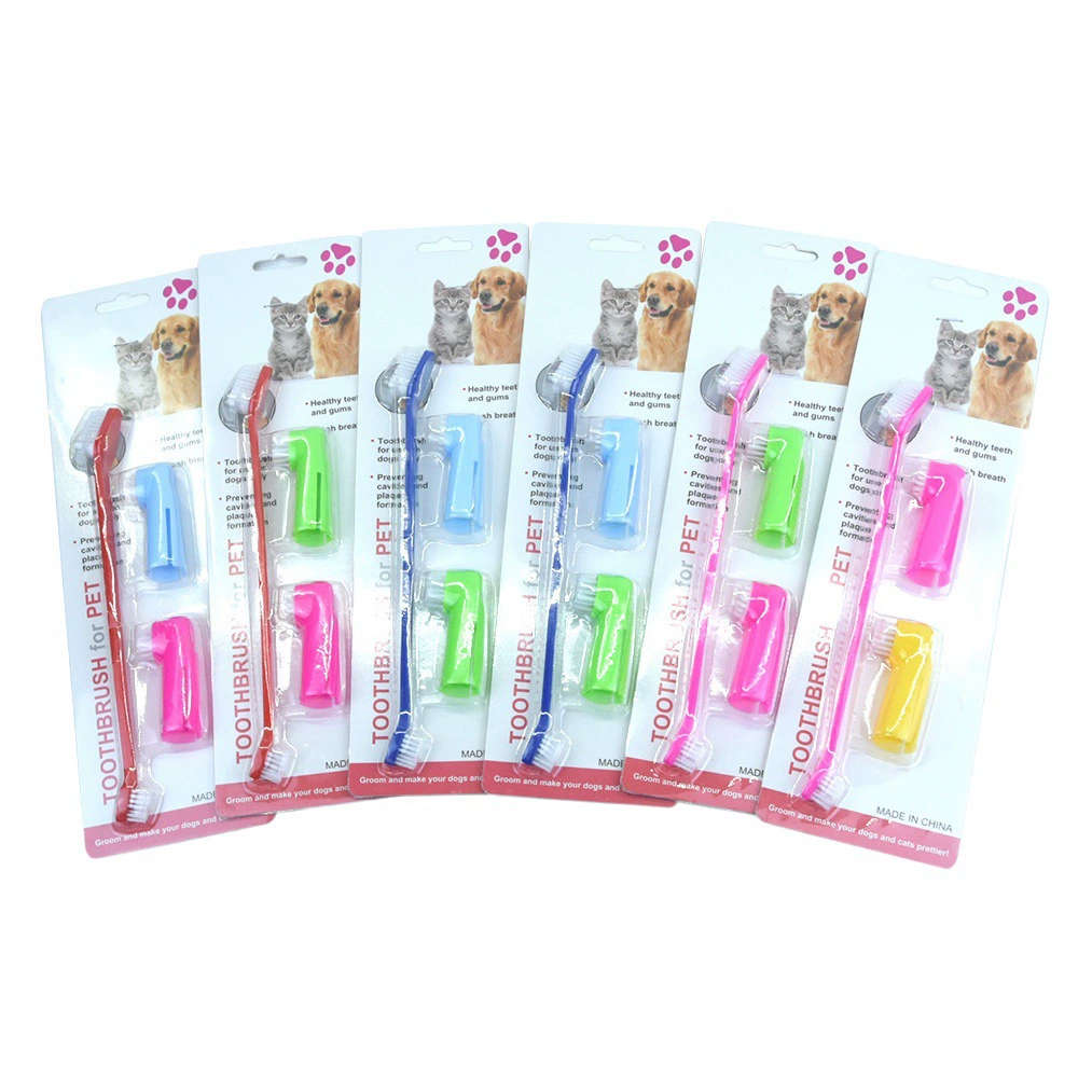 В наличии оптовая зубная щетка для домашних животных трехкомпонентная двуглавая зубная щетка для домашних животных щетка для собак кошачий палец набор зубных щеток