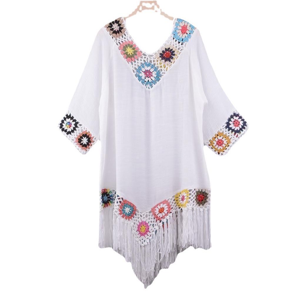 Transfronterizo nuevo fuera del hombro tres cuartos manga gancho flor costura borla irregular playa anti-DDoS blusa estilo étnico vestido image 7