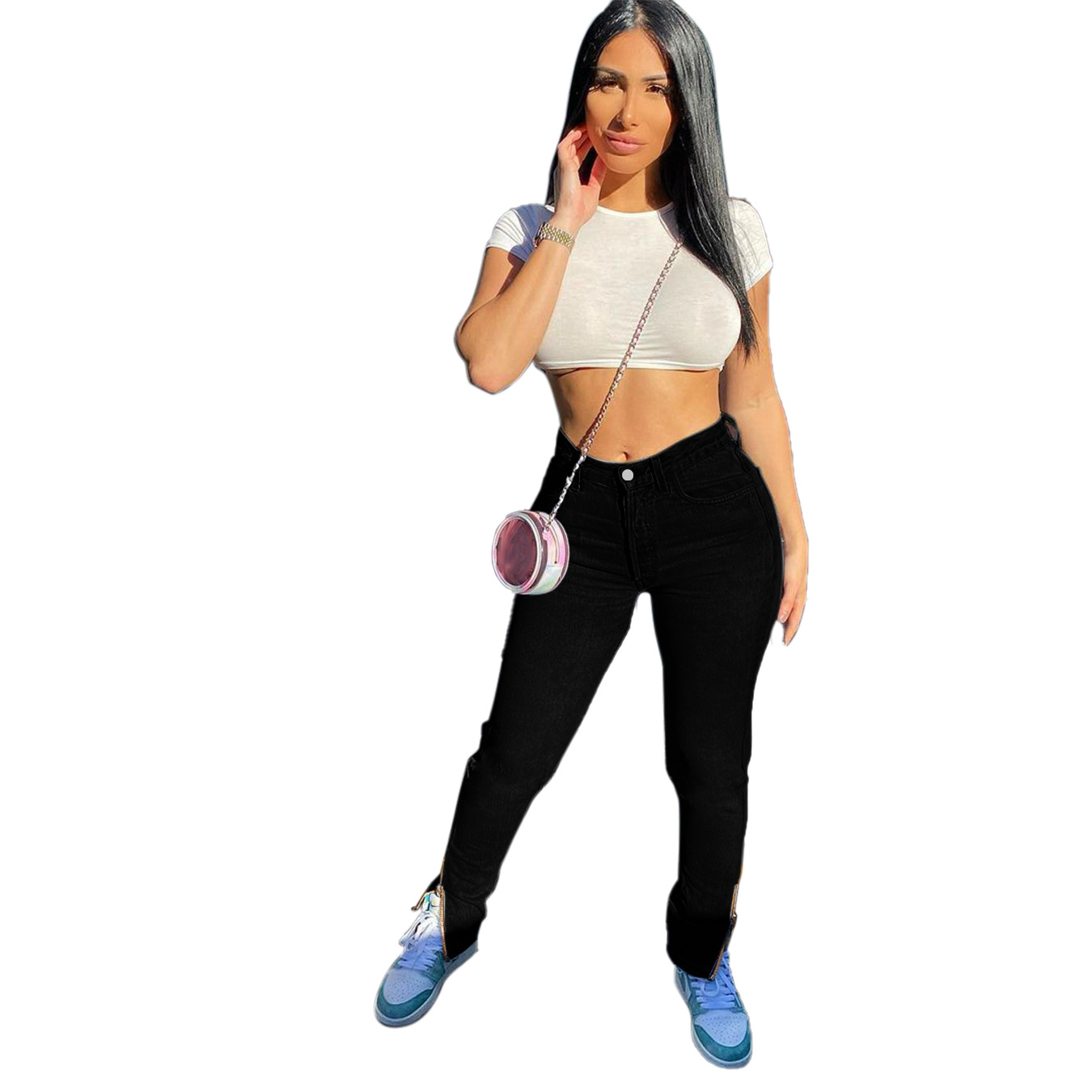 high waist slim-fit slit jeans nihaostyles clothing wholesale NSWL85323