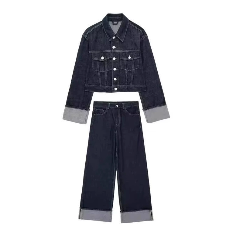 Трансграничная европейская и американская женская одежда AliExpress INS взрывная джинсовая куртка-куртка с рогом брюки-рулет набор