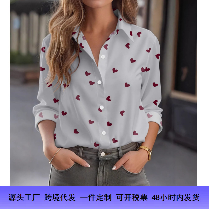Cross-Border Foreign Trade Women's Long-Sleeved Shirt with 3D Digital Heart Print, Spring Style, Slim Fit, Versatile Layering Top for Women Cross-Border Foreign Trade Women's Long-Sleeved Shirt with 3D Digital Heart Print, Spring Style, Slim Fit, Versatile Layering Top for Women