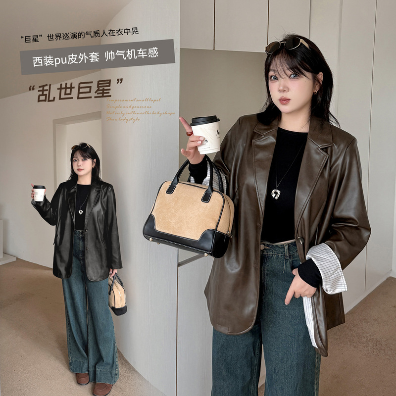 Inno Plus-Size Suit Retro Pu Leather Jacket Autumn New Bf Style Loose Slimming Top 323190