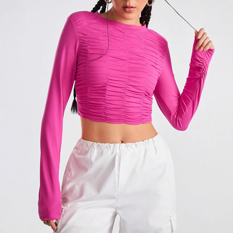 Cross-Border Foreign Trade European and American Sexy Hottie Spring and Summer Short Style Navel-Baring Round Neck Long-Sleeved Knitted Sweater Women's T-Shirt