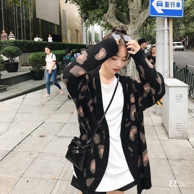 韩版豹纹慵懒风宽松毛衣女外套秋冬跨境新款休闲撞色针织上衣开衫|undefined