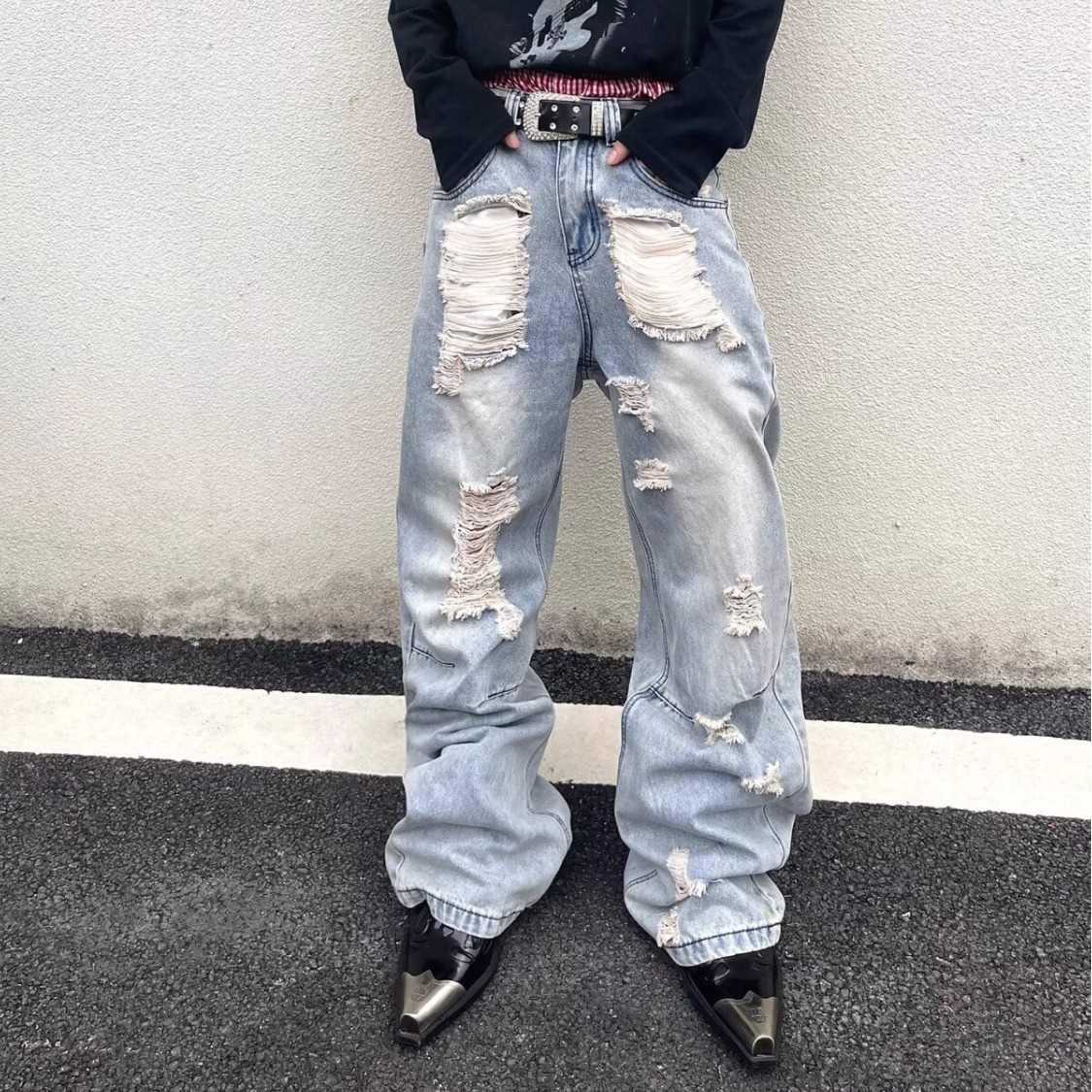 Men's American High Street Style Washed Ripped Jeans Loose Straight Leg Casual Edgy Slightly Flared Blue Mid Waist Zipper Fly_mkmklike.com