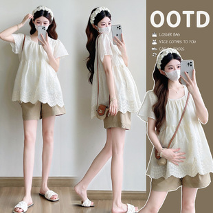 2025 New Summer Baby Doll Shirt, Fresh and Slimming Look Maternity Age-Reducing Top + Belly Support Shorts Maternity Suit