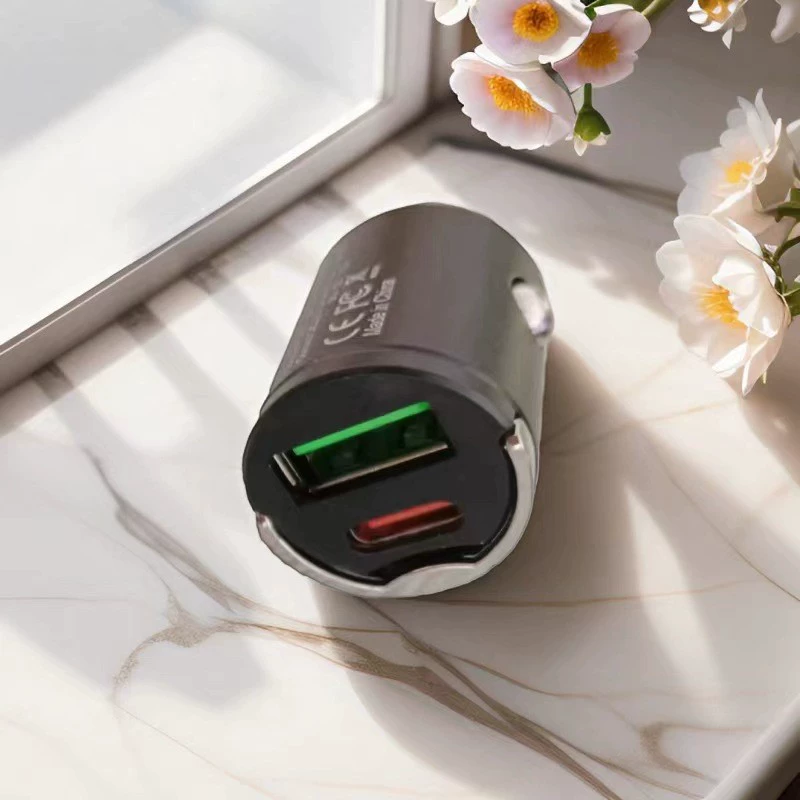 Car charger mini alloy Type‑C, 100W fast charge, dual‑port USB‑A + USB‑C, multifunctional