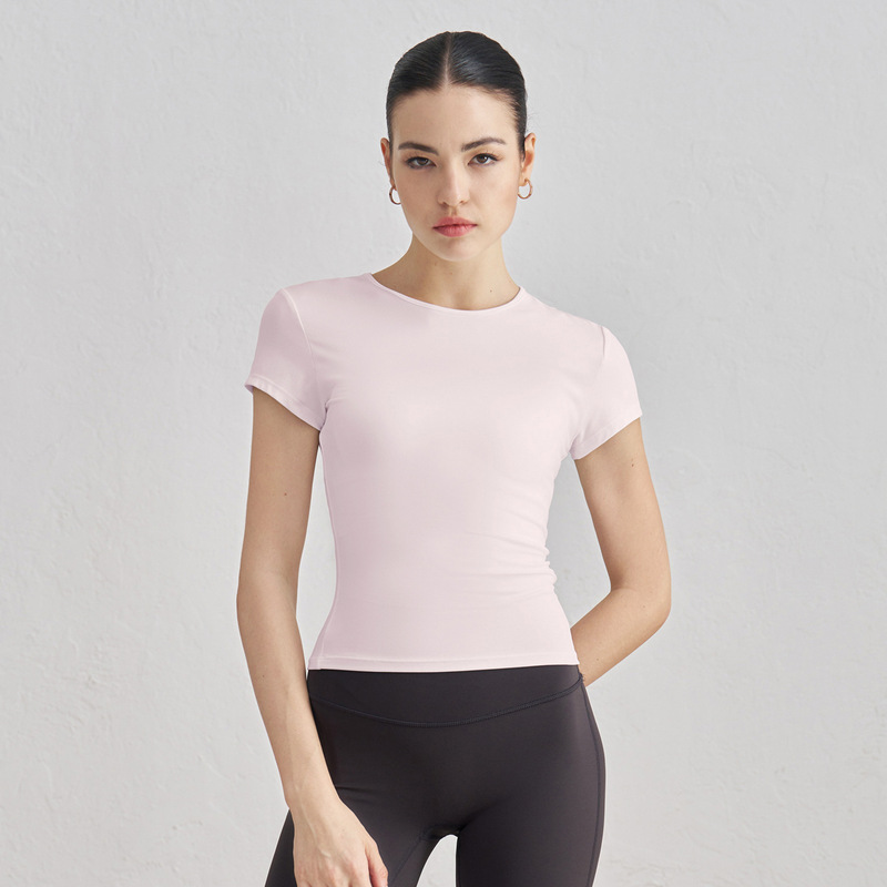 Huankan ファッショナブルなヌードランニングヨガ T シャツ、女性用、薄手、スリムフィット、スポーツ半袖、エレガントなラウンドネック、女性用フィットネスウェア|undefined