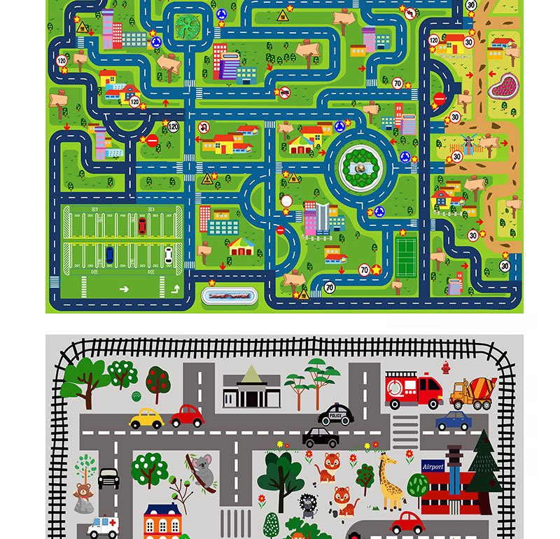 Cartoon children's floor mat, city traffic natural rubber floor mat, game toy rug, parking lot track educational floor mat