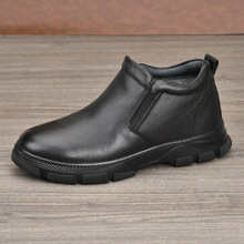 跨境男鞋高帮真皮套脚皮鞋男秋冬头层牛皮短靴加绒保暖棉鞋休闲靴