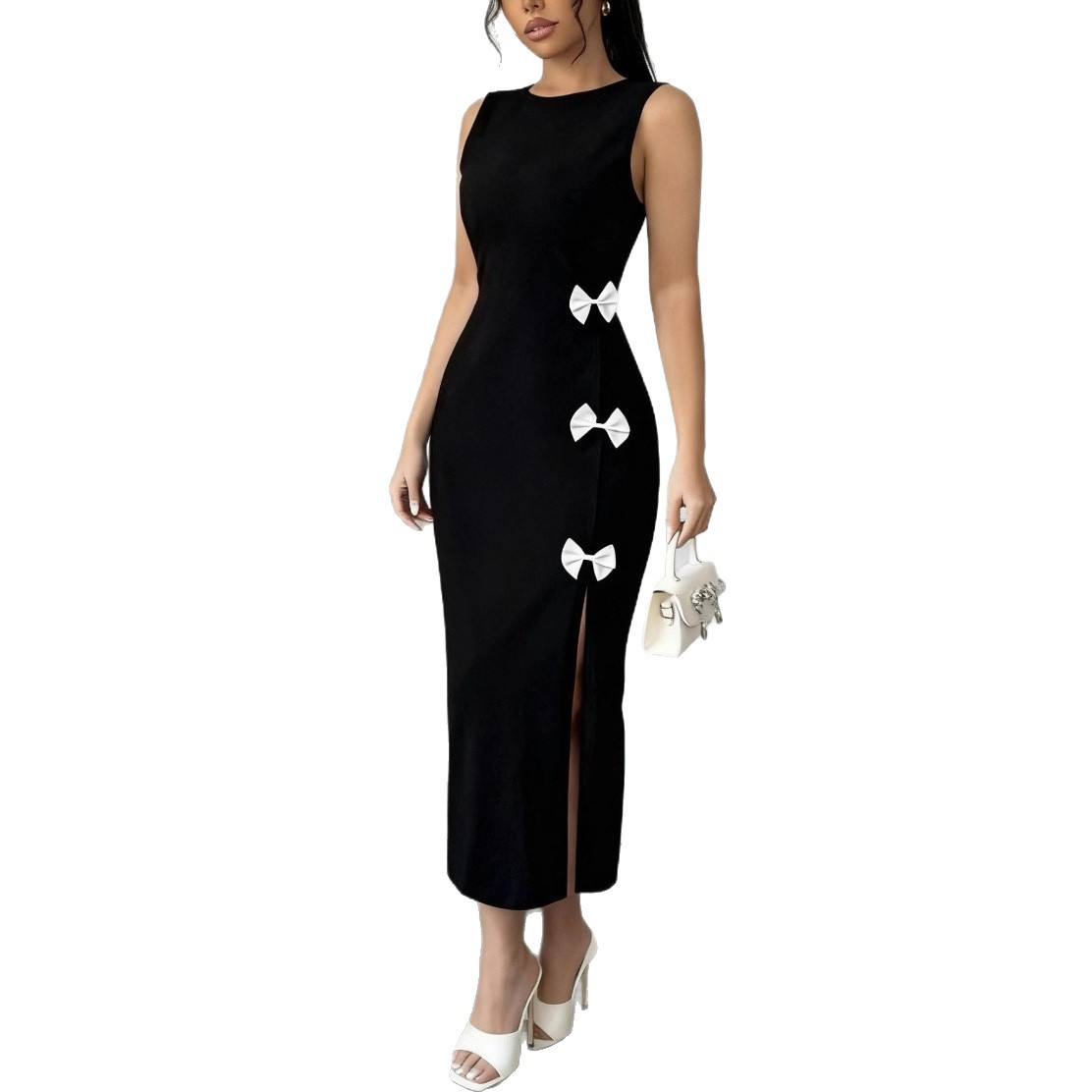 Elegant Knit Maxi Dress With High Slit – Stretchy Bodycon Long Dress For Women (Black, S-XL)_ecoleips.com