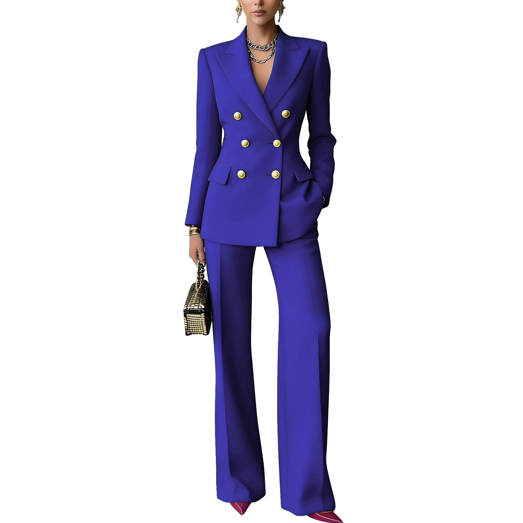 Women's Solid Color Button Suit Trousers Set With Lapel Professional_ecoleips.com