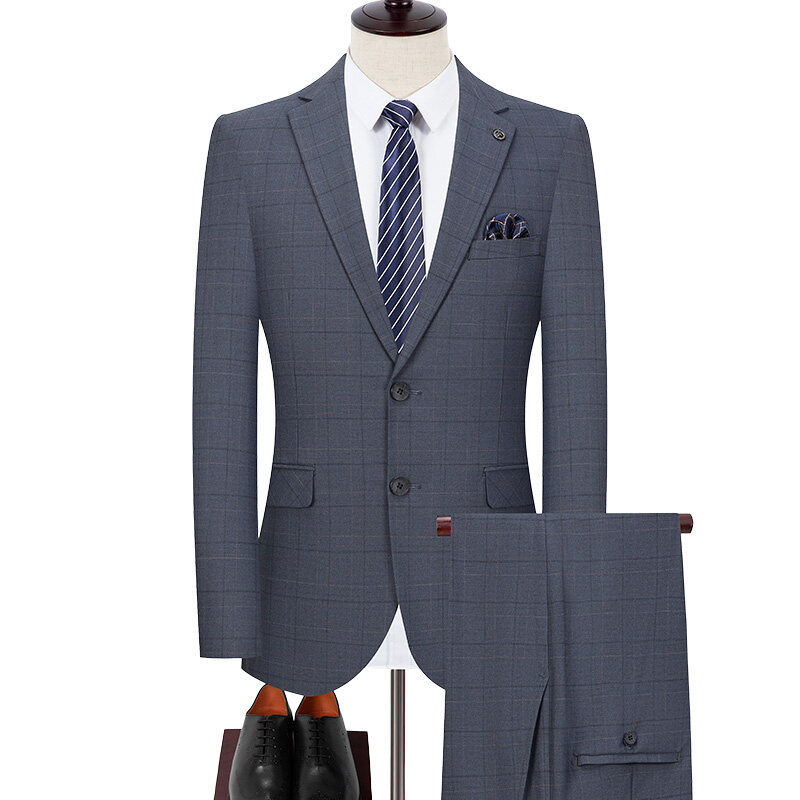 Traje de dos piezas para hombre, estilo de primavera y otoño, casual de negocios, chaqueta de traje a cuadros antiarrugas de alta gama sin planchar
