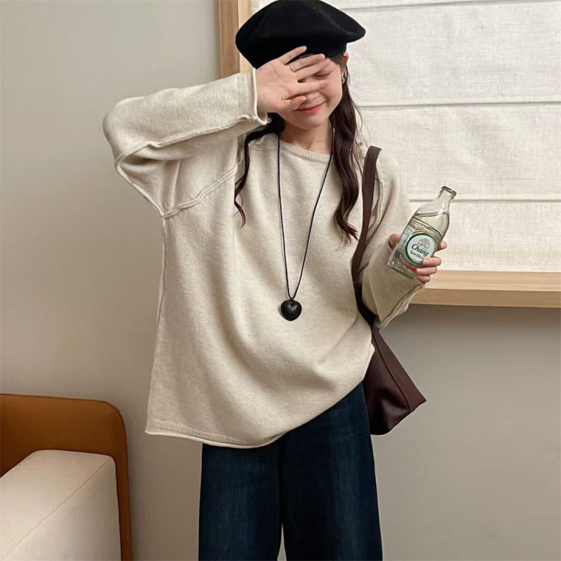 跨境慵懒风宽松套头毛衣女装秋冬新款大码纯色圆领针织衫上衣现货|undefined