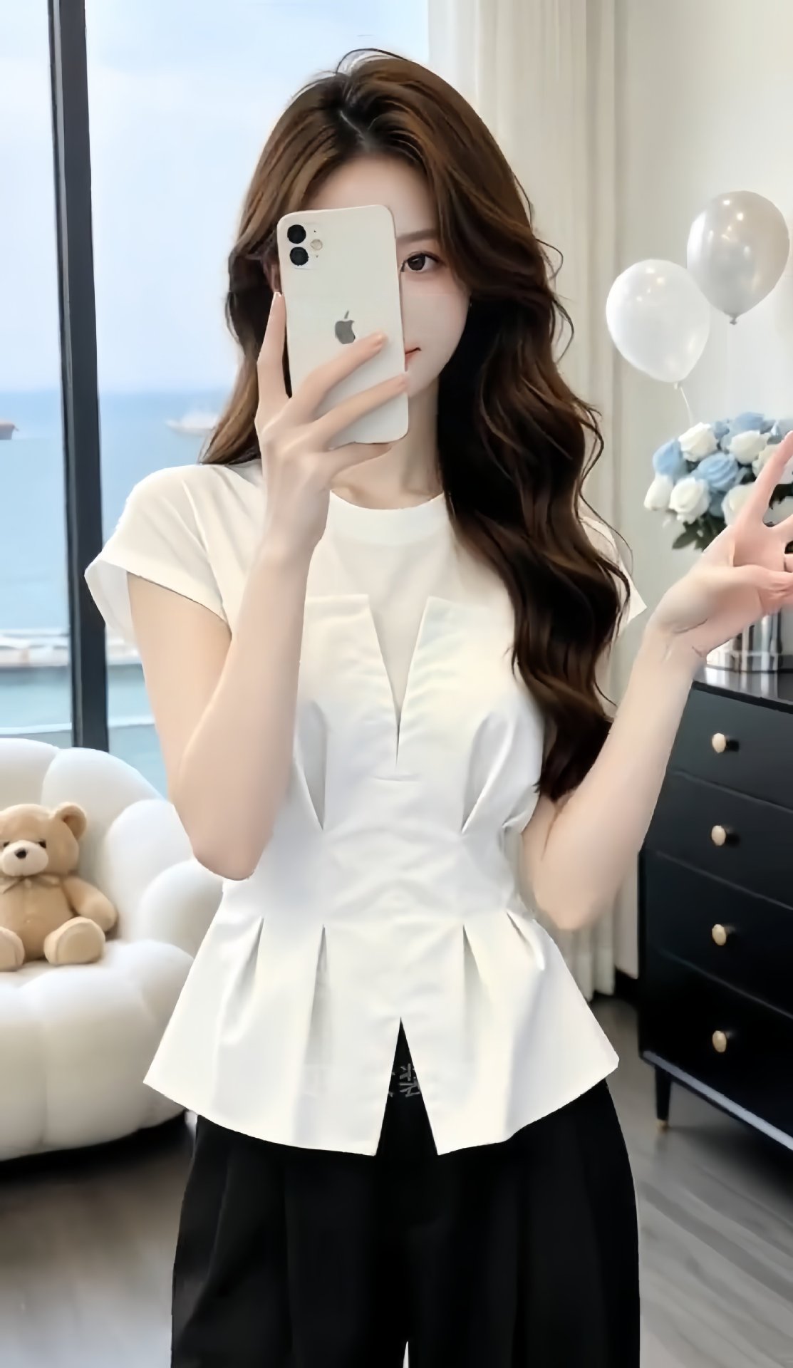 Áo sơ mi ngắn tay nữ phối mảnh thiết kế eo thon — màu trắng chi tiết 1