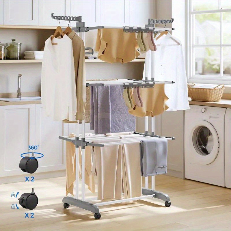 Tendedero de Pie Plegable de 4 Capas de Hierro Móvil con Ruedas para Balcón e Interior