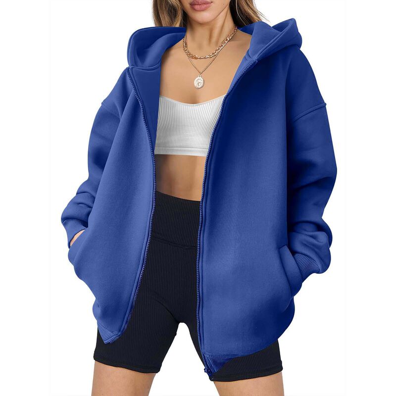 Cross-Border 2026 European and American New Style Women's Zip-Up Hoodie Oversized Casual Drawstring Sweatshirt with Pockets Autumn Jacket