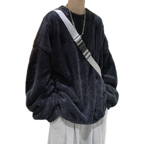 Wholesale Autumn/Winter New Plush Sweatshirt Men's Korean Style Trend Lamb Fleece Crew Neck Solid Color Couple's Thicker Warm Coat