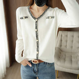 2024春秋季新款V领小香风短款毛衣女洋气珍珠扣时尚针织打底衫