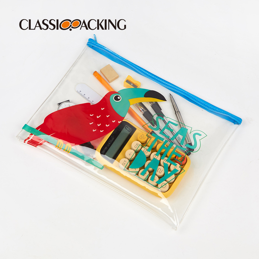 Bolsa con cremallera de PVC, bolsa transparente de plástico para guardar documentos, bolsa de papelería para estudiantes, se puede imprimir con logotipo, linda bolsa de viaje para maquillaje