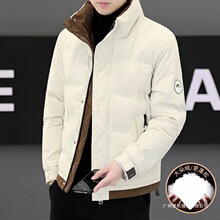 2024年冬季新款拼色立领羽绒服男潮流帅气韩版修身撞色短款外套厚