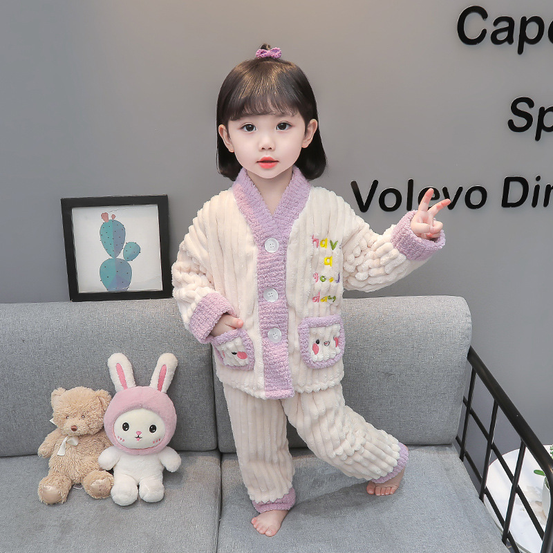 Niños pijamas de franela otoño e invierno las niñas lana coral engrosada bebé caliente dibujos animados niños homewear traje