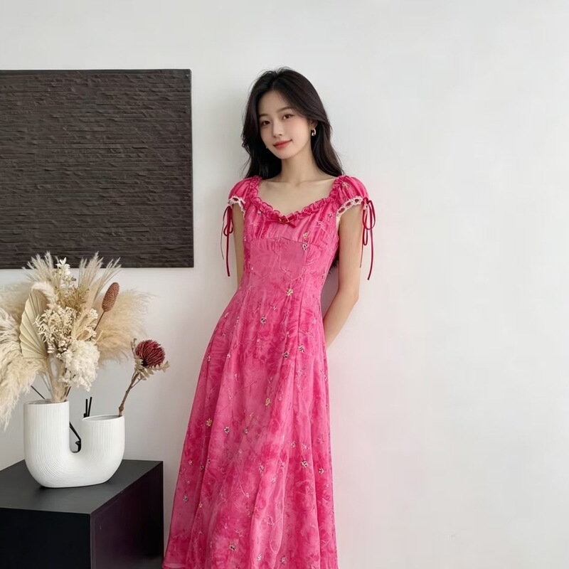 Cross-Border French Style 2026 Summer Gentle and Cute Style New Floral Bow Design Long Dress
