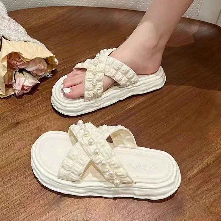 Platform sandals, PVC thick sole with pearl detail, beach slip-on for women