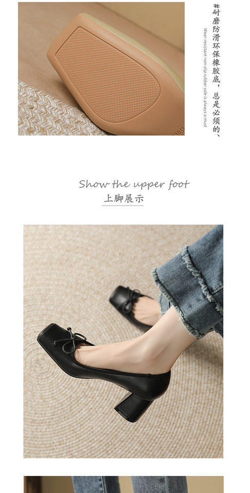 Giày cao gót nữ mũi vuông gót thô 3–6 cm, mặt giày phối nơ, kiểu mary jane — Màu Kaki, Màu đen chi tiết 10