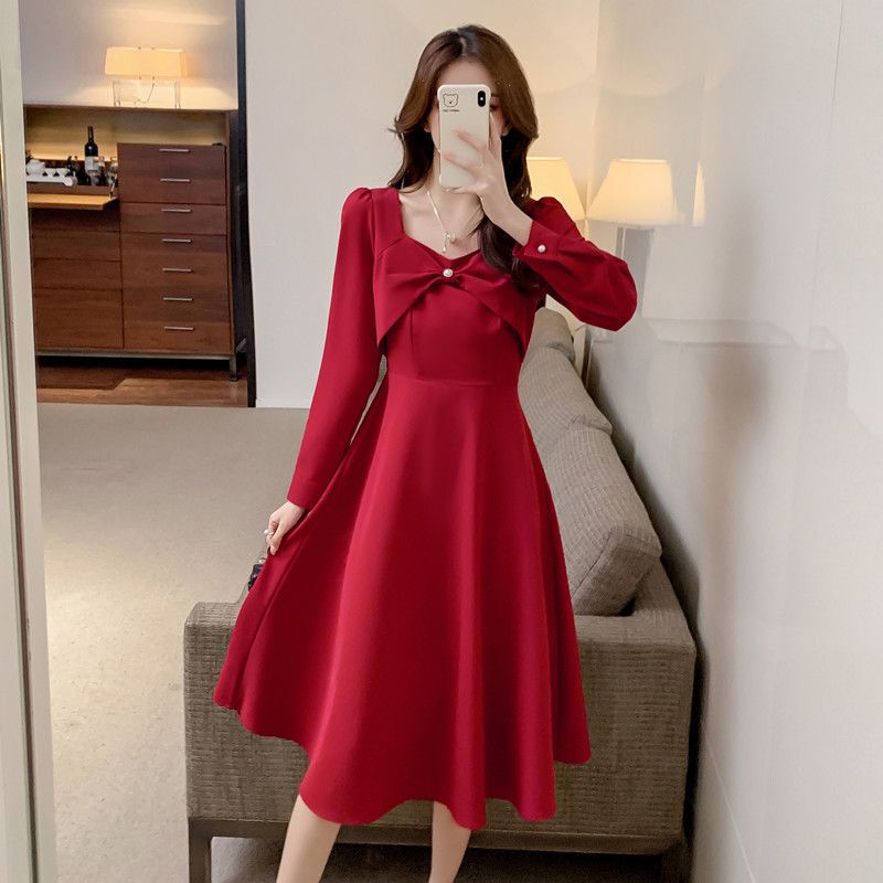 中长款女宴会订婚礼服连衣裙回门新娘长袖敬酒服结婚秋季红色裙子|undefined