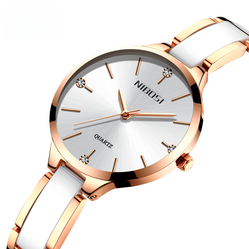 NIBOSI新款欧美简约时尚女士手表 跨境水钻陶瓷防水石英女表