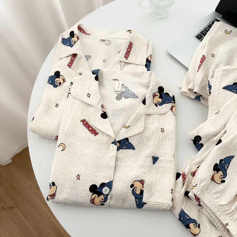 Korean Style Couple Pajamas Summer Cloud Cotton 2025 Short-Sleeved Cartoon Mickey Loose One Man and One Woman Home Clothes Three Pieces