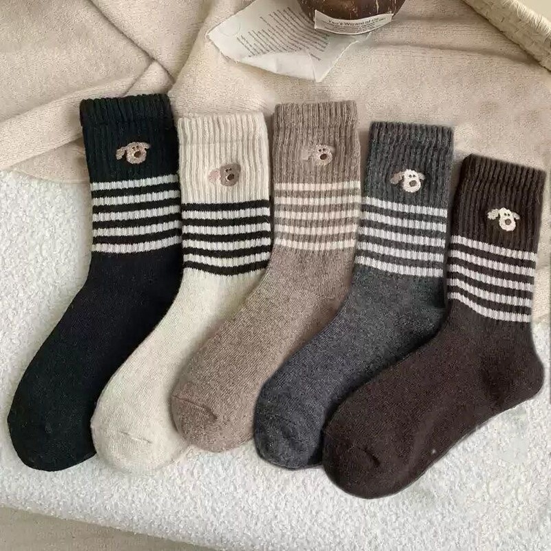 Gray Wool Socks for Women, Winter Thickened Warm Mid-Calf Socks, Japanese Simple Striped Embroidered Slouch Socks