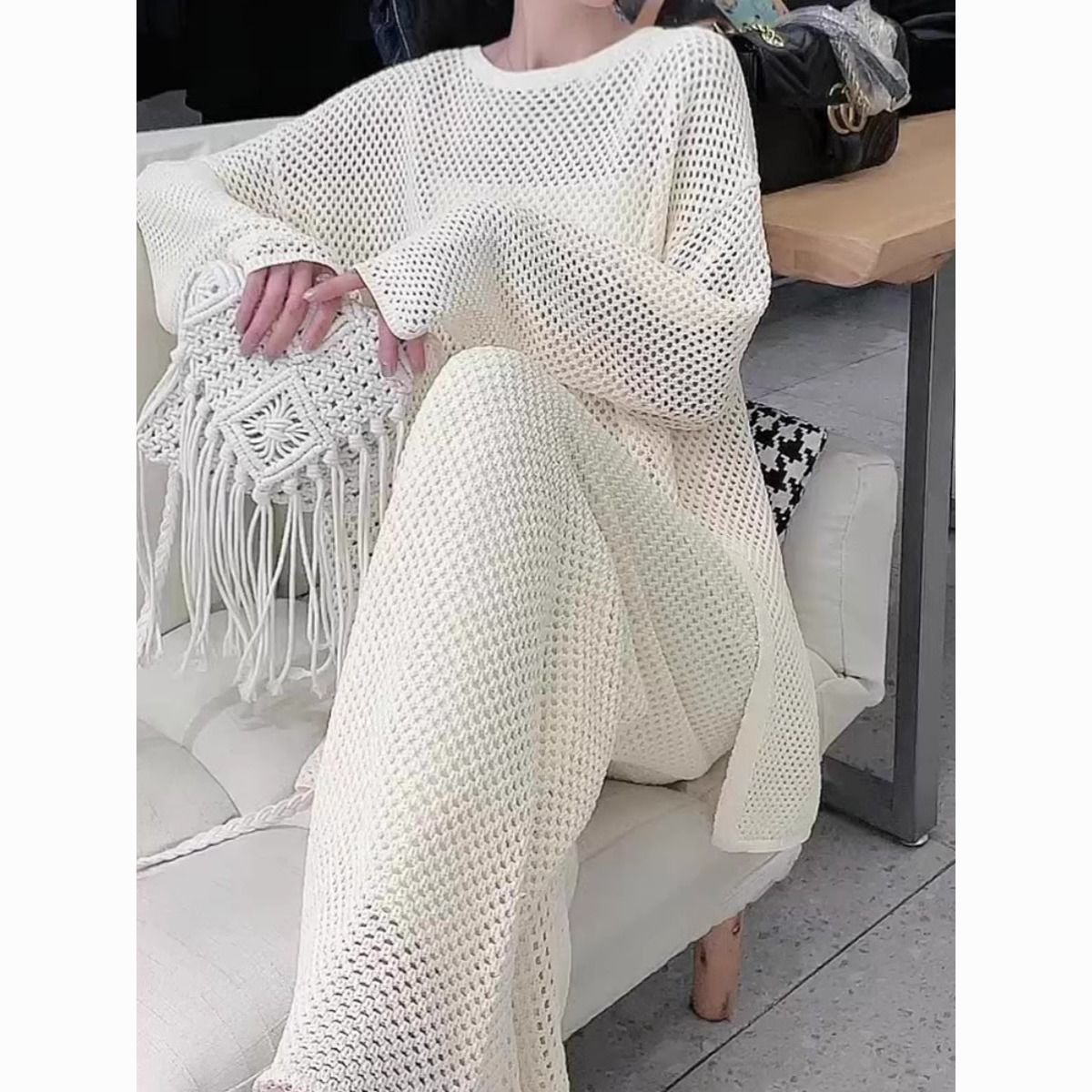 夏季套装女慵懒风镂空针织衫防晒罩衫长款上衣休闲窄版阔腿长裤