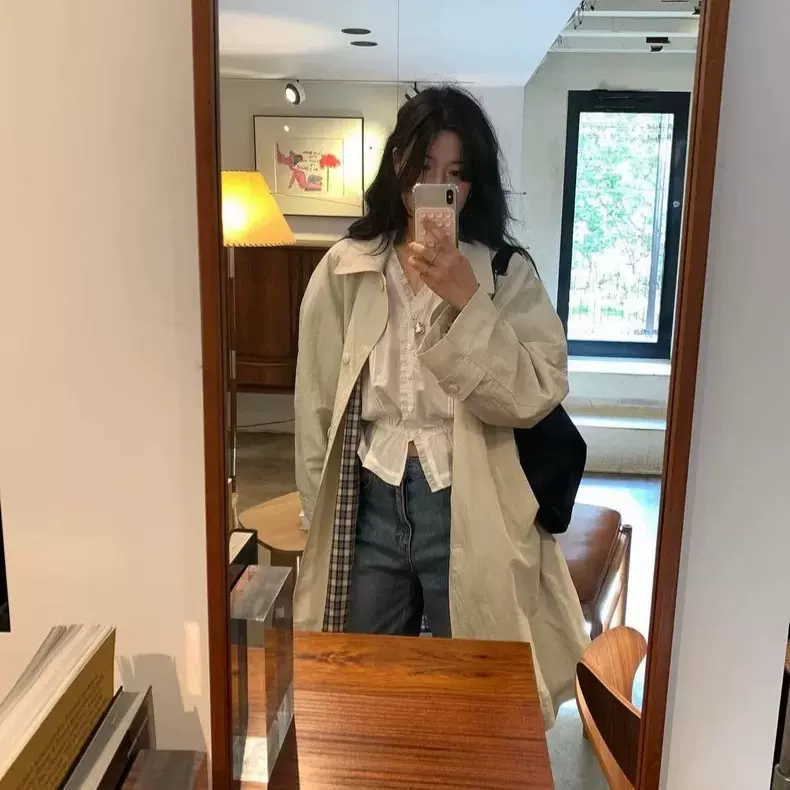 现货 2025秋季新款韩国东大门MO*EST MOOD翻领内里格子风衣外套女