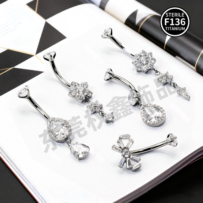 欧美跨境精致F136钛合金精美长款肚脐环 钛原色镶5A白锆肚脐钉|ms