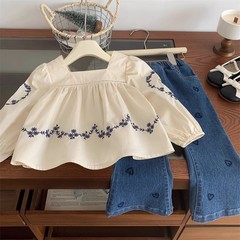 2024 Spring New Korean Style Forest System Girls' Long Sleeve Embroidered Doll Shirt with Heart Denim Bell Bottom Pants Set Trendy