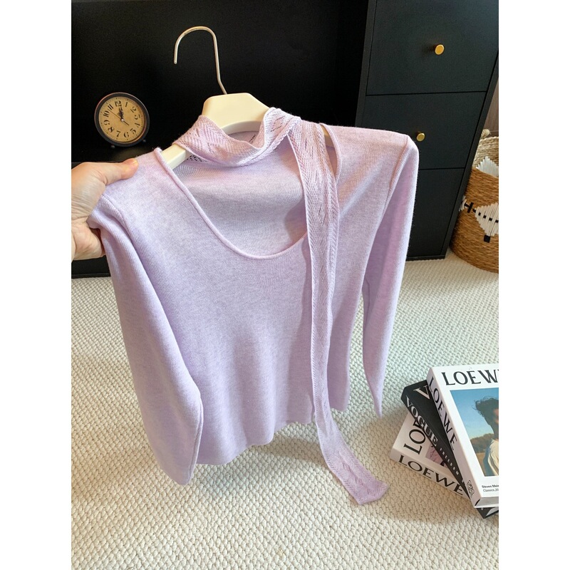 Long-Sleeved Knitwear for Women 2026 Early Autumn New Style Retro Slim-Fit Top with Tie Collar Sweater Base Layer Trendy