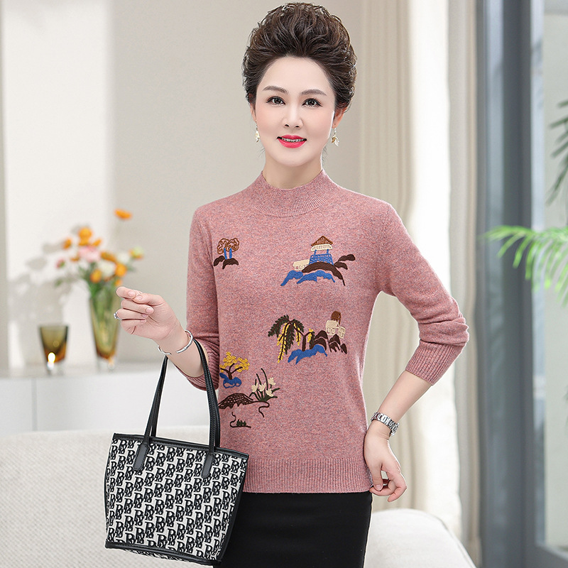 Middle-aged and Elderly Women's Wool Knitwear Fashion Half-turtleneck Embroidered Mother's Large Size Sweater Autumn and Winter Base Shirt