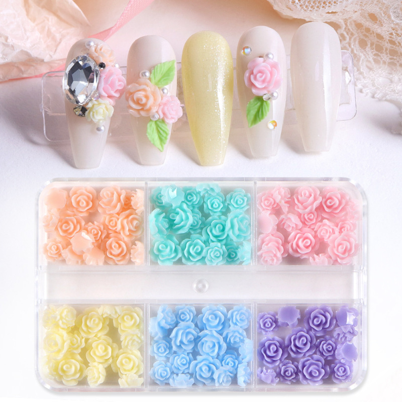 6-Compartment Box of Colorful Camellia Nail Decorations, Light-Colored Rose Resin 3D Mixed Nail Ornaments Wholesale