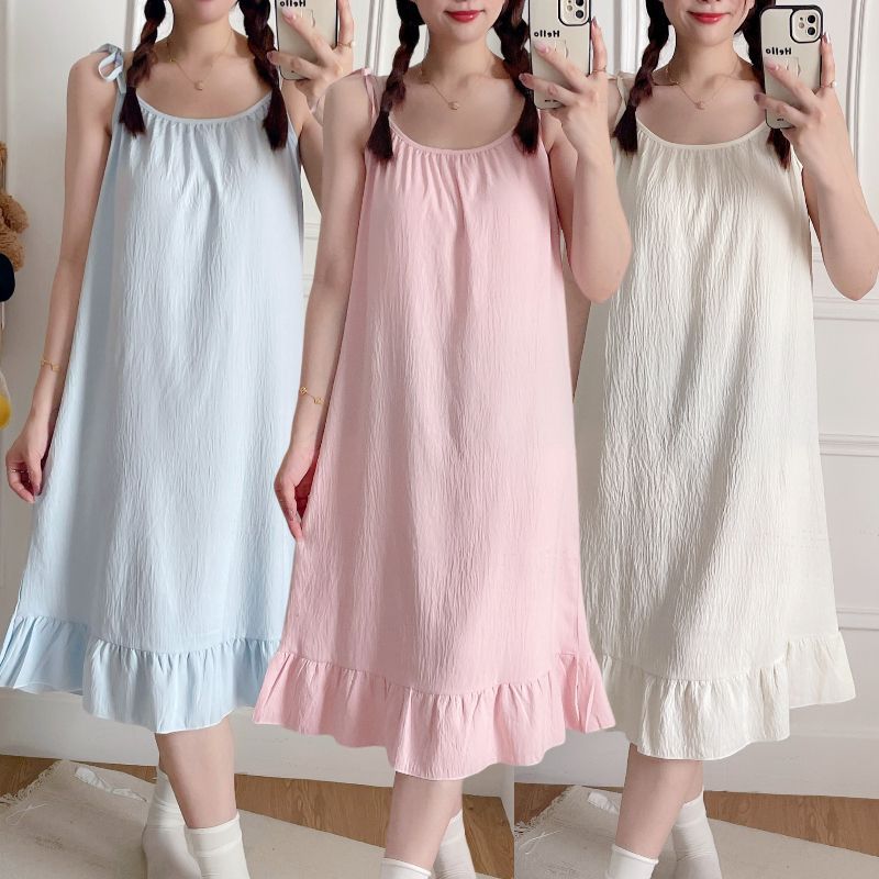 Camisón de tirantes de algodón de nube para mujer, ropa de hogar de color sólido de longitud media, pijamas sueltos para niña, verano para mujer