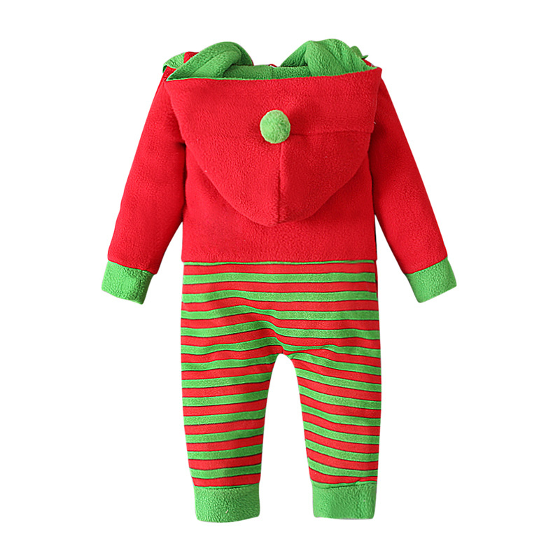 Children's European and American spring and autumn long-sleeved hooded Christmas striped jumpsuit romper clothing children's clothing ins_voghion.com