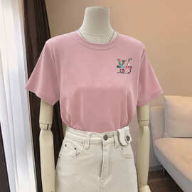 粉色短袖t恤女纯棉韩版2024年夏季新款宽松圆领上衣卡通印花潮