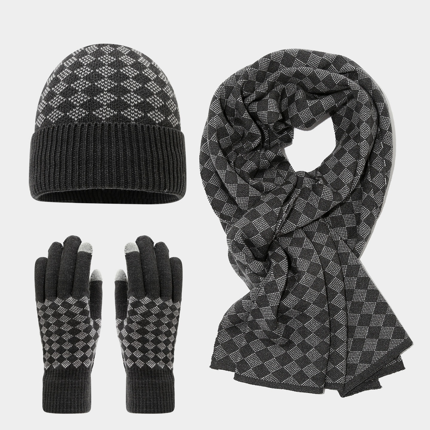 Otoño y invierno guantes de pantalla táctil caliente sombrero bufandas de tres piezas con cuadrícula de diamante antifría extranjera con set de punto caliente
