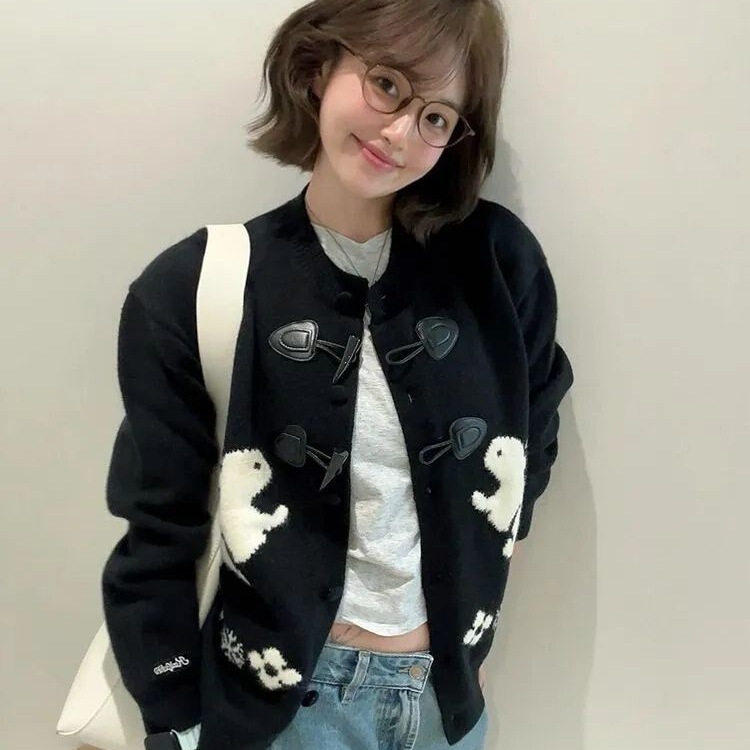 Cute Rabbit Embroidered Sweater Cardigan for Women Autumn and Winter Horn Button Stitching Korean Retro Lazy Soft Waxy Round Neck Jacket