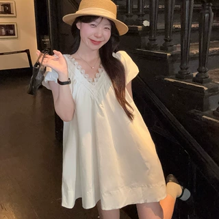 大码女装夏新款韩系甜美松弛感日常V领短袖连衣裙女